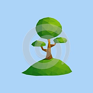 Big tree at outdoor green hill nature landscape vector low poly illustration