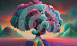 big tree with rose shaped crown, love concept