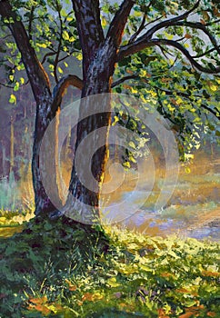 Big trees on sun russian morning on river landscape fine art hand painted acrylic painting