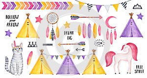 Big Tribal Set with striped kitten character, smiling horse, stars, feathers, dreamcatcher, arrows, tipi tents, bunting, various s