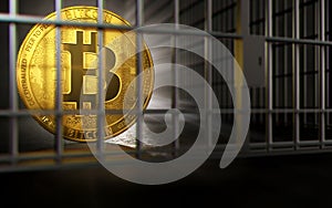 Bitcoin ban, imprison or illegal. Big troubles of Bitcoin or other cryptocurrencies. Copyspace below. 3D rendering photo