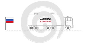 Big truck delivering russian vaccine for covid, coronavirus to other country. Concept vector illustration with Sputnic. photo