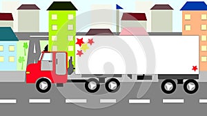 Big truck moving through the city, animation
