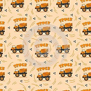 Big Truck Pattern. A truck on the road on a sandy color. Vector cartoon substrate with an inscription and vehicles for
