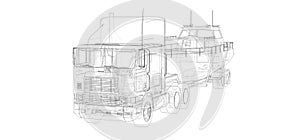 Big truck with a trailer for transporting a boat on a white background. 3d rendering.
