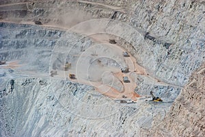 Big trucks and machinery at Chuquicamata, world`s biggest open pit copper mine, Calama, Chile. Mining Operations at open pit photo
