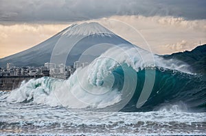 big tsunami wave hit coast of japan - cataclysm storm destroying asian city with flood