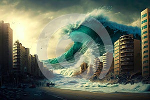 Big tsunami wave hits the city. Concept created with Generative AI technology