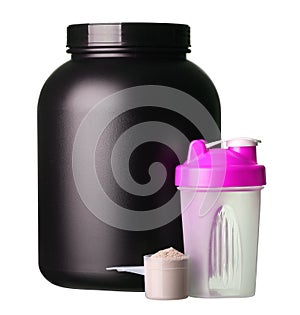 Big tub of whey protein with pink shaker and cup of protein