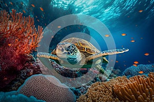 Big turtle swimming, colorful underwater background with coral riffs