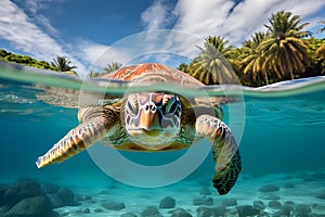 Big turtle swimming in the sea world with tropical beach on background, selective focus. Underwater blue ocean life