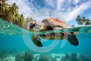 Big turtle swimming in the sea world with tropical beach on background, selective focus. Underwater blue ocean life