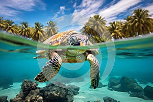 Big turtle swimming in the sea world with tropical beach on background, selective focus. Underwater blue ocean life