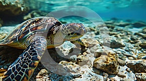 Big Turtle Swimming at Shiraho Beach, Japan - AI Generated