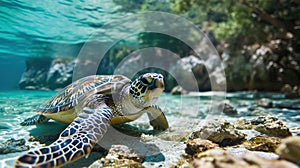 Big turtle swimming at Shiraho Beach Japan Ultra HD - AI Generated