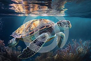 Big turtle underwater on a reef background, generated ai