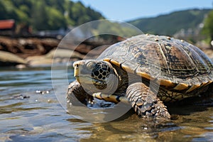 Big turtle walks on sea coast in water, International Turtle Day