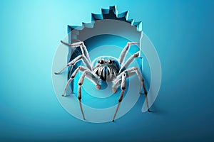 Big ugly spider coming out of a hole in the wall. Blue background with copy space.