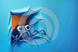 Big ugly spider coming out of a hole in the wall. Blue background with copy space.