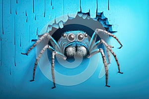 Big ugly spider coming out of a hole in the wall. Blue background with copy space.