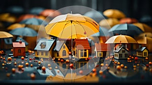 Big umbrella protecting house as home insurance concept. Generative AI.
