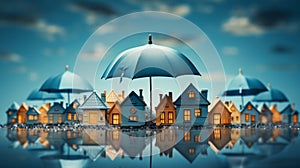 Big umbrella protecting house as home insurance concept. Generative AI.