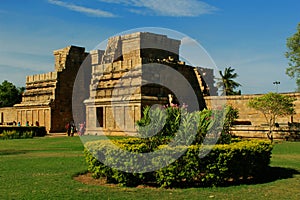 Big unfinished and ruined facade with garden of the ancient Brihadisvara Temple in Gangaikonda Cholapuram, india.