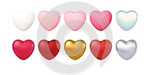 Big Valentines Day Set of different color realistic gold, red, pink, silwer, white hearts isolated on white background photo