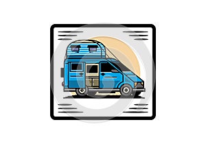 Big van with roof box tent illustration badge