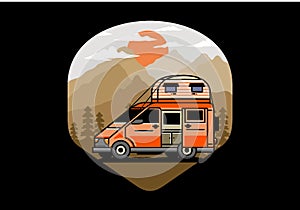 Big van with roof box tent illustration badge