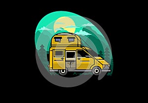 Big van with roof box tent illustration badge