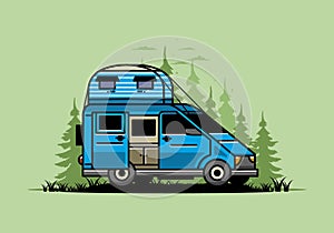 Big van with roof box tent illustration badge