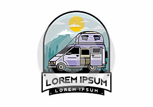 Big van with roof box tent illustration badge