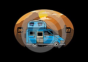 Big van with roof box tent illustration badge