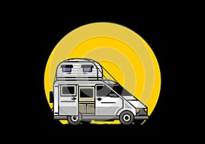 Big van with roof box tent illustration badge