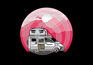 Big van with roof box tent illustration badge