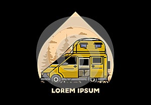 Big van with roof box tent illustration badge