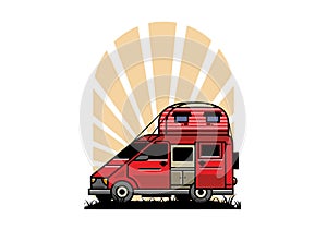 Big van with roof box tent illustration badge