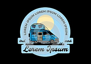 Big van with roof box tent illustration badge