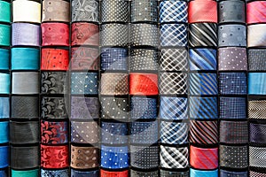 Big variety of different color neckties in a men clothing store