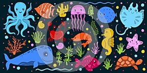 Big vector children baby set of marine underwater animals.Isolated cartoon style.Octopus, whale, jellyfish, turtle