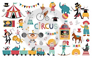 Big vector circus set. Street show animals, tent, artist collection. Amusement holiday icons pack. Bear on bike, clown, gymnast,