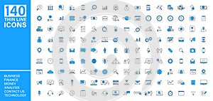 Big vector collection of 140 thin line Web icon. Business, contact us, money, analysis, banking, technology, social media. Set