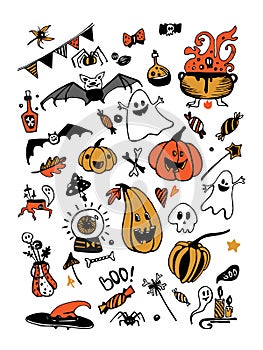 Big vector colorful set with Halloween elements, including pumpkins, mushrooms, sweets, skulls, bats, poison, ghosts.