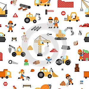 Big vector construction site, road work seamless pattern. Building repeat background with kid builders, transport, bulldozer,