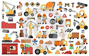 Big vector construction site and road work set. Building icons collection with funny kid builders, transport, bulldozer, tractor,