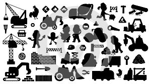 Big vector construction site and road work silhouettes set. Building shadow icons collection with funny kid builders, transport,