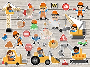 Big vector construction site and road work stickers set. Building patches collection with funny kid builders, transport, bulldozer