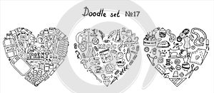 Big vector doodle sewing, magical, paint sets. Vector tailoring, halloween, artist s tools icons. Sewing mannequin