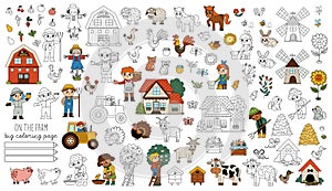 Big vector farm coloring pages set. Rural colored and black and white icons collection with funny kid farmers, barn, country house